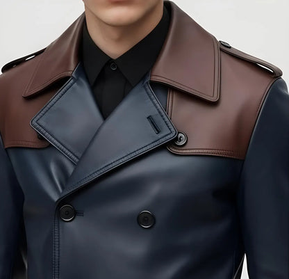 Men’s Leather Trench Jacket – Double Breasted Navy Blue