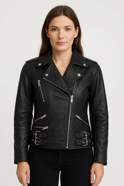 Handmade Women Slim Fit Black Leather Biker Jacket