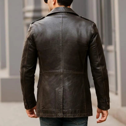 Men's Brown Leather Jacket, Double Breasted Trench Coat