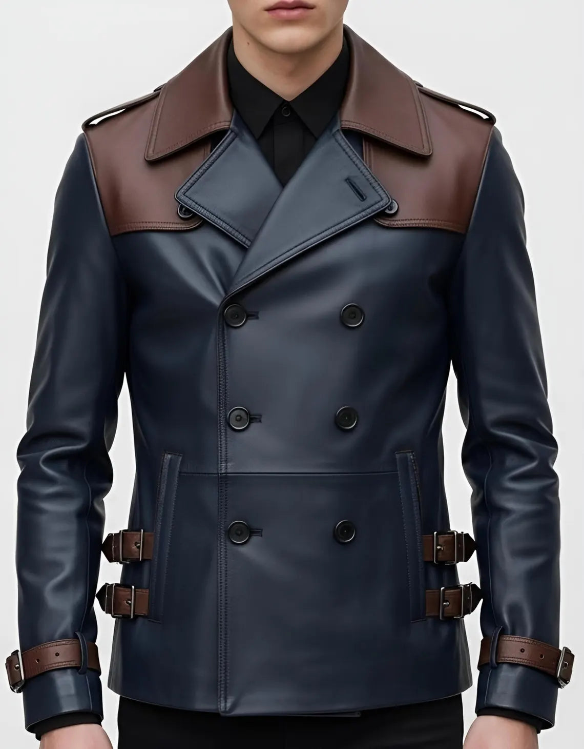 Men’s Leather Trench Jacket – Double Breasted Navy Blue