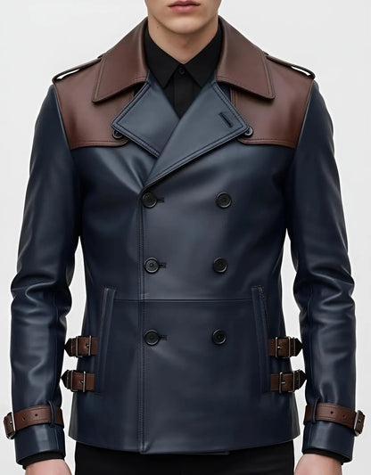 Men’s Leather Trench Jacket – Double Breasted Navy Blue