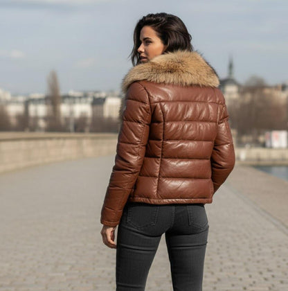 Women's Leather Puffer Jacket with Real Fox Fur Collar , Lederjacken damen