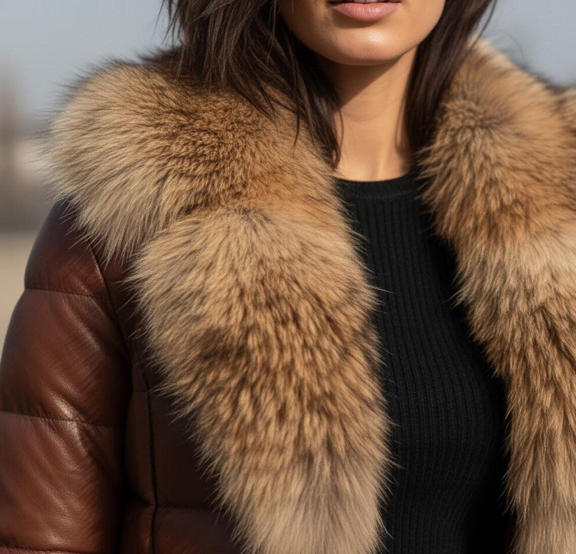 Women's Leather Puffer Jacket with Real Fox Fur Collar , Lederjacken damen