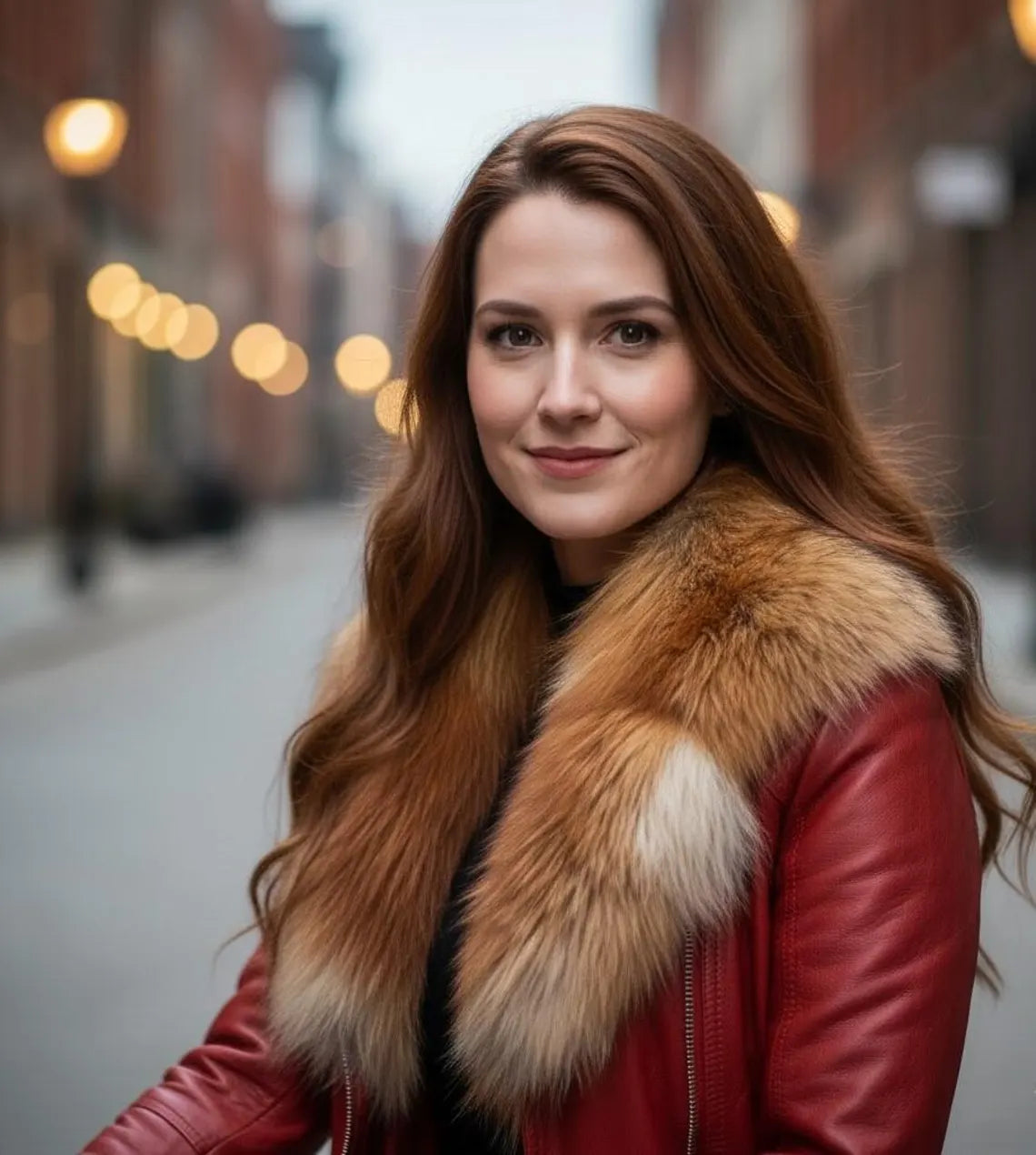 Women's Leather Biker Jacket with Real Fox Fur Collar