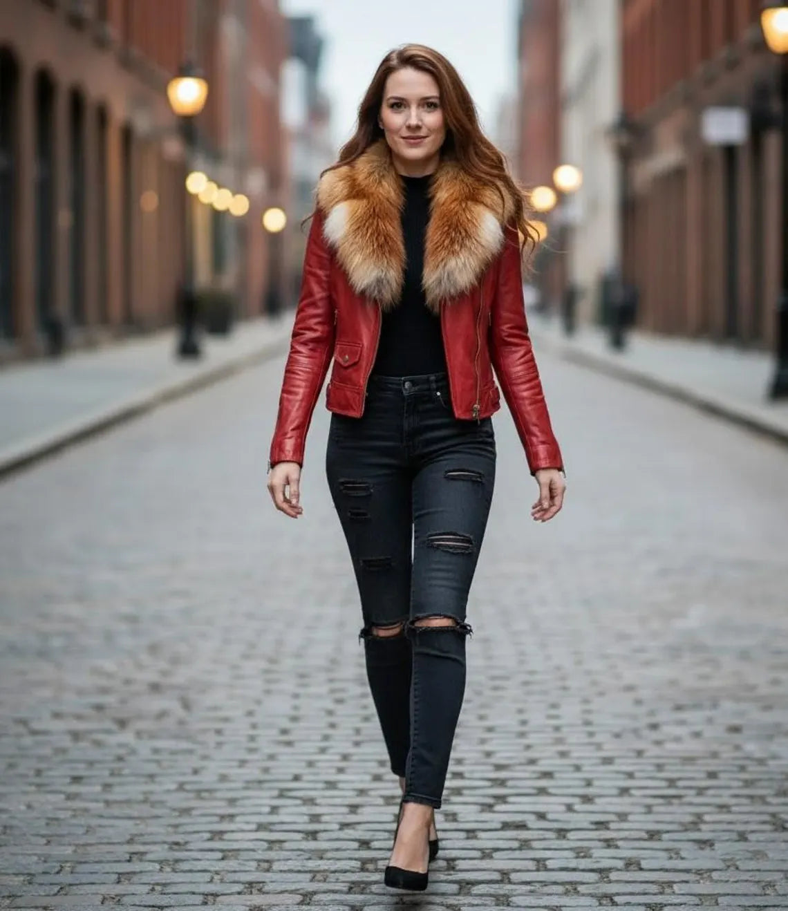 Women's Leather Biker Jacket with Real Fox Fur Collar