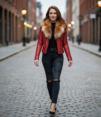 Women's Leather Biker Jacket with Real Fox Fur Collar