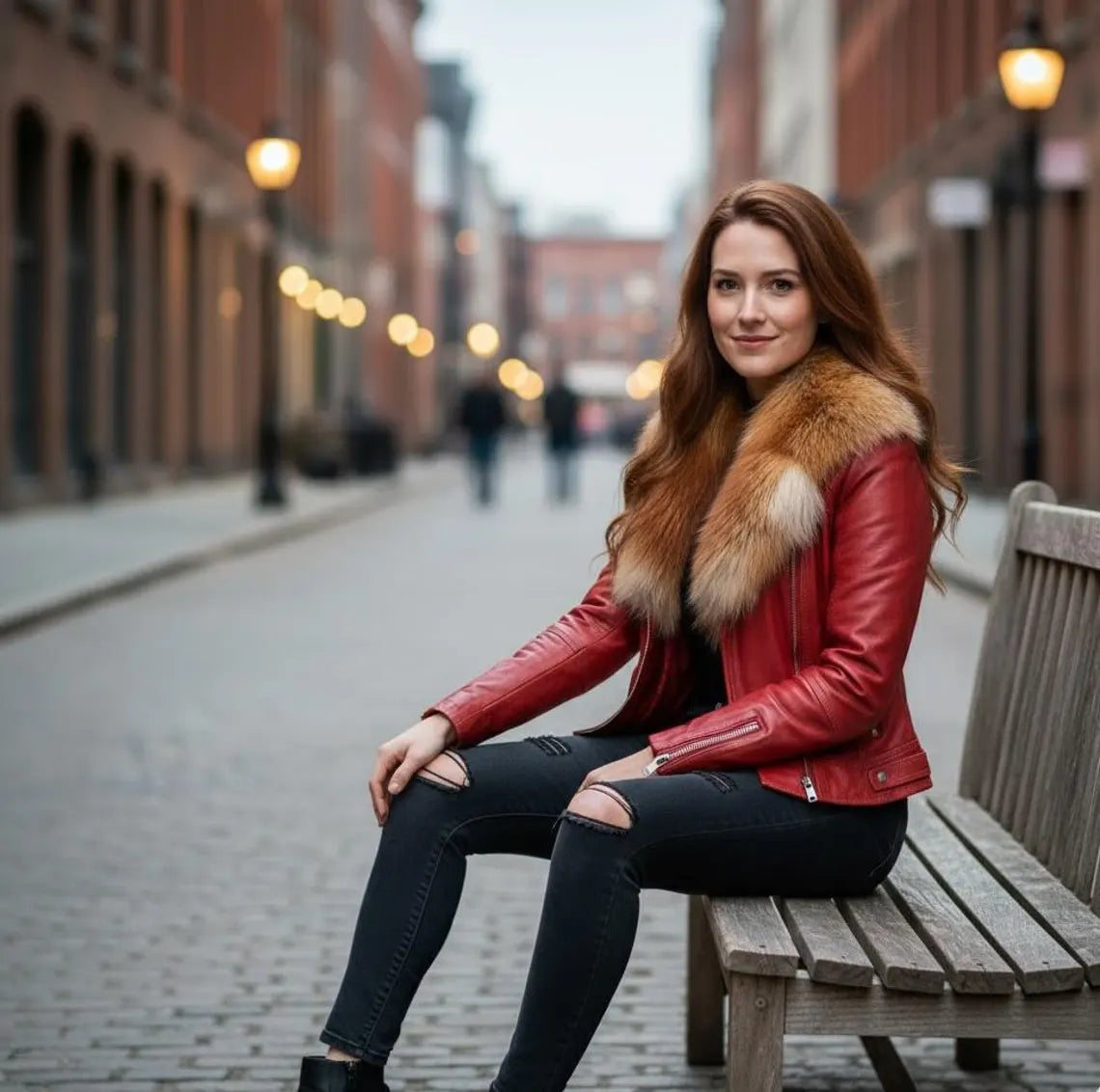 Women's Leather Biker Jacket with Real Fox Fur Collar