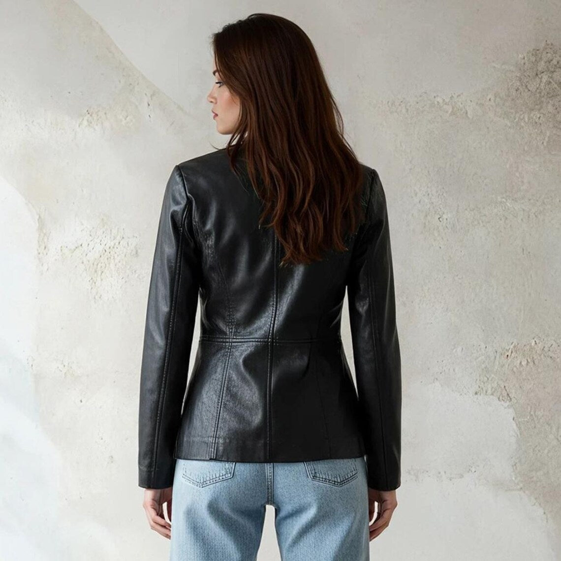 Women Faux Leather Blazer Slim Fit Long Sleeve Mid Length Black Jacket