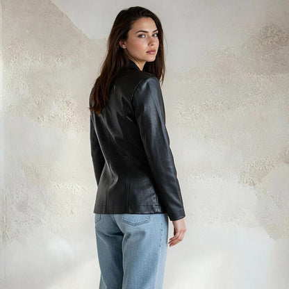 Women Faux Leather Blazer Slim Fit Long Sleeve Mid Length Black Jacket