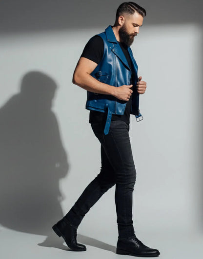 Premium Blue Leather Vest For Men