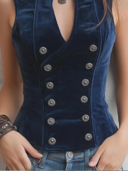 Vintage Stand Collar Button Velvet Vest for Women