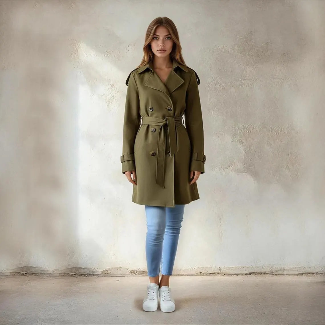 Women’s Black Double Breasted Trench Coat Mid Length Belted