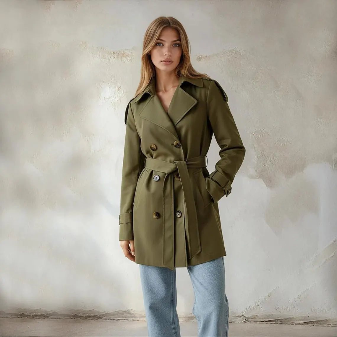 Women’s Black Double Breasted Trench Coat Mid Length Belted