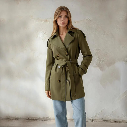 Women’s Black Double Breasted Trench Coat Mid Length Belted