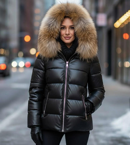 Women's Leather Puffer Jacket, Real Fox Fur Hood, Pufferjacken,