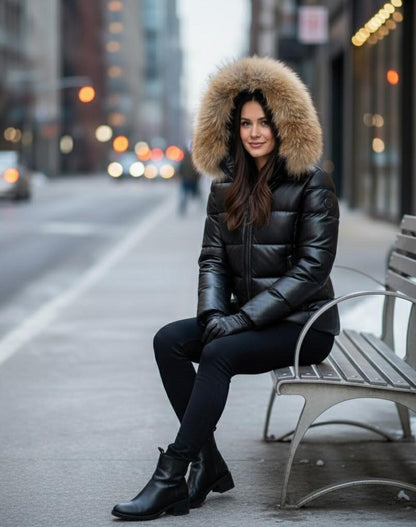 Women's Leather Puffer Jacket, Real Fox Fur Hood, Pufferjacken,