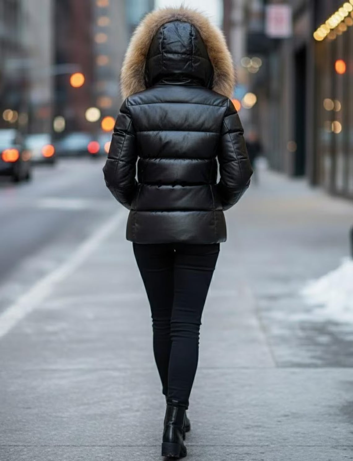 Women's Leather Puffer Jacket, Real Fox Fur Hood, Pufferjacken,