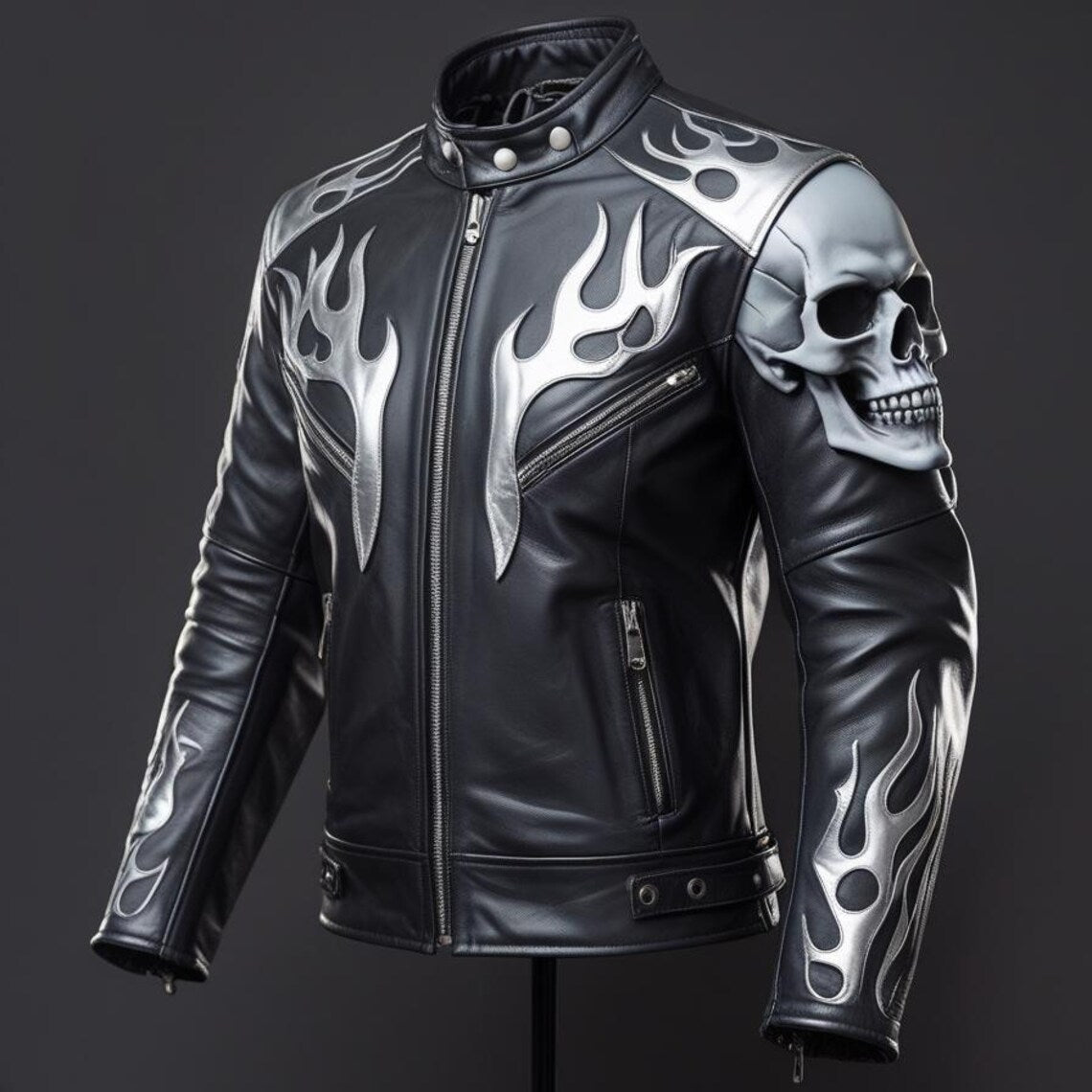Handmade Black Leather Biker Jacket: Skull & Flames, Gothic Punk Motorcycle Coat