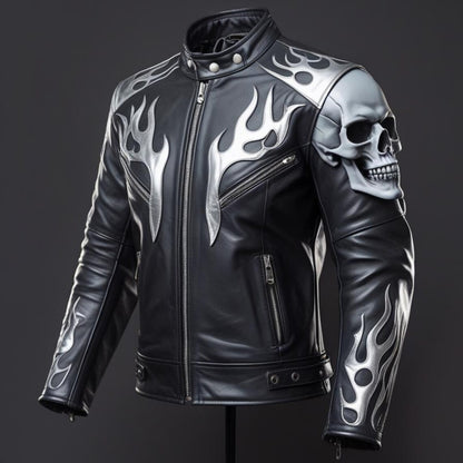 Handmade Black Leather Biker Jacket: Skull & Flames, Gothic Punk Motorcycle Coat