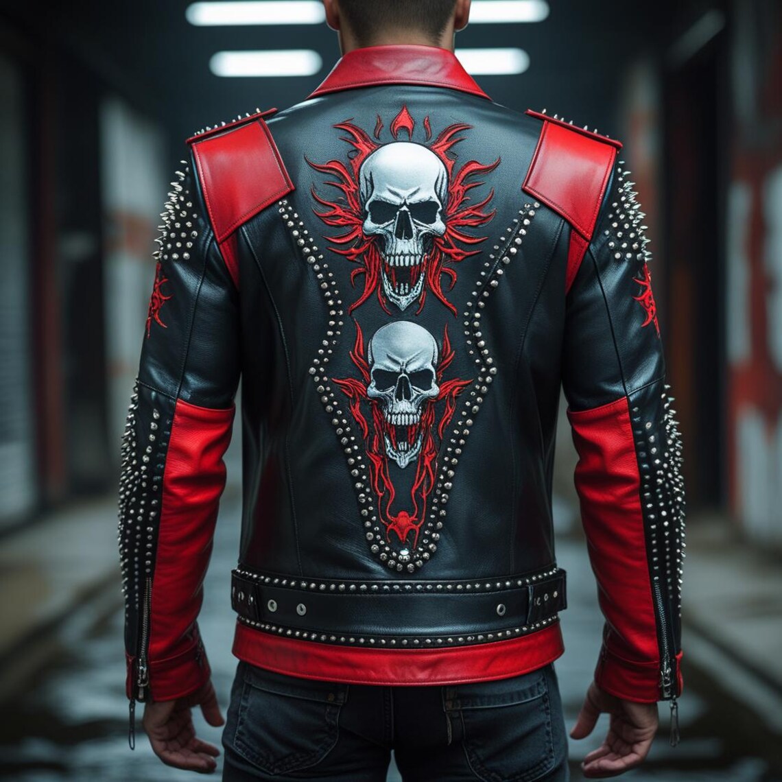 Handmade Black and Red Spiked Leather Biker Jacket Skull Embroidered