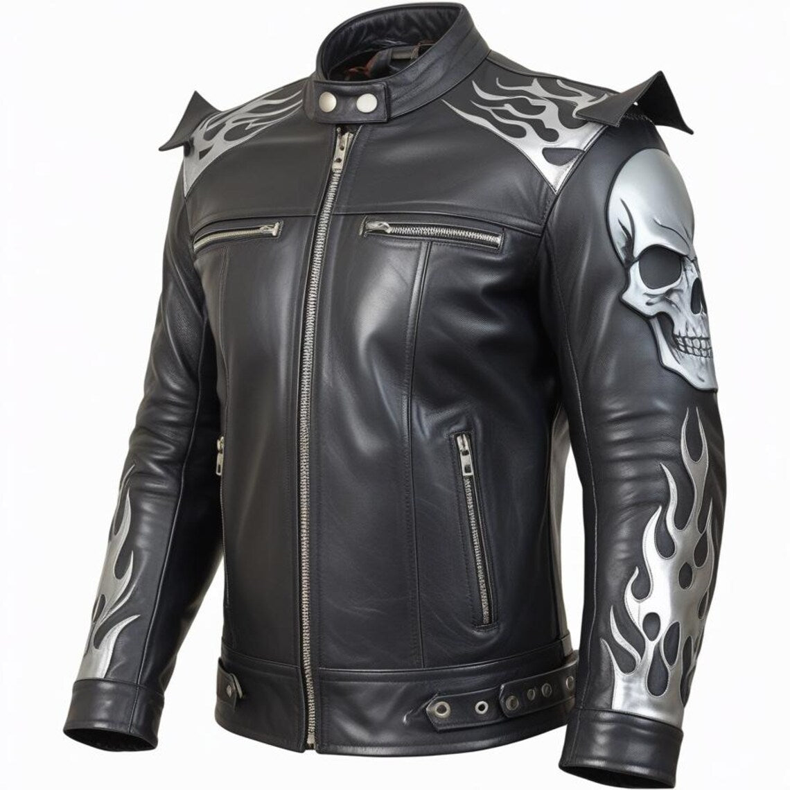 Handmade Black Leather Biker Jacket: Skull & Flames, Gothic Punk Motorcycle Coat