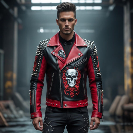 Handmade Black and Red Spiked Leather Biker Jacket Skull Embroidered