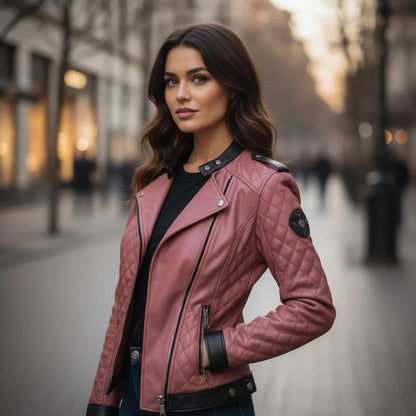 Black Pink Genuine Sheepskin Diamond Quilted Rider Leather Jacket