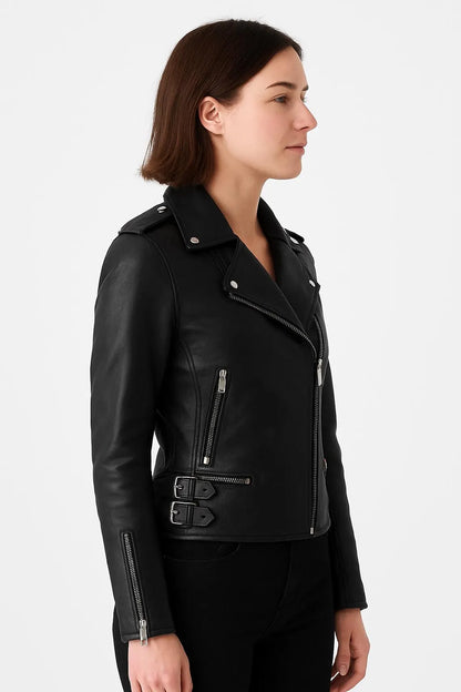 Handmade Women Slim Fit Black Leather Biker Jacket