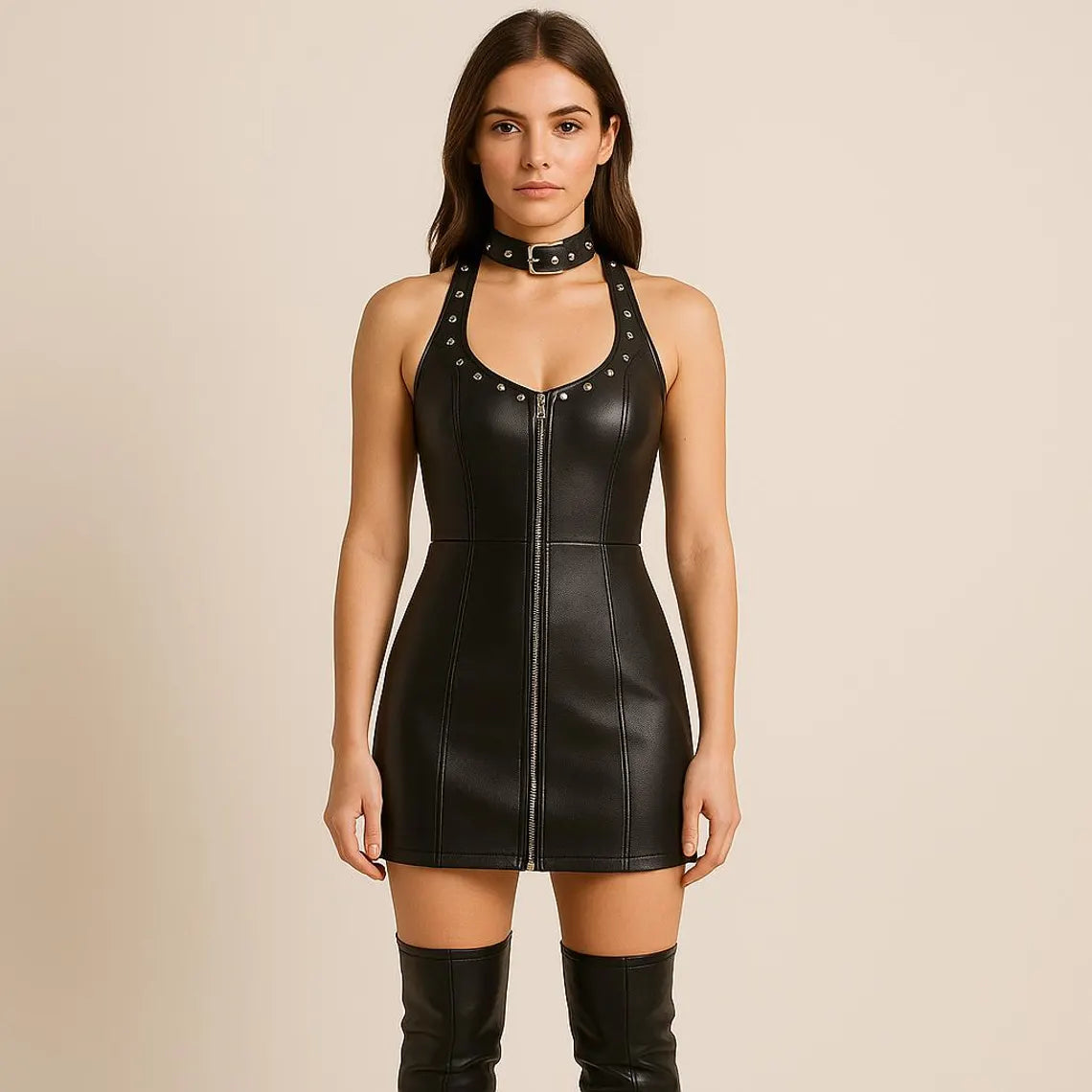 Black Leather Mini Dress with Studded Choker & Thigh-High Boots