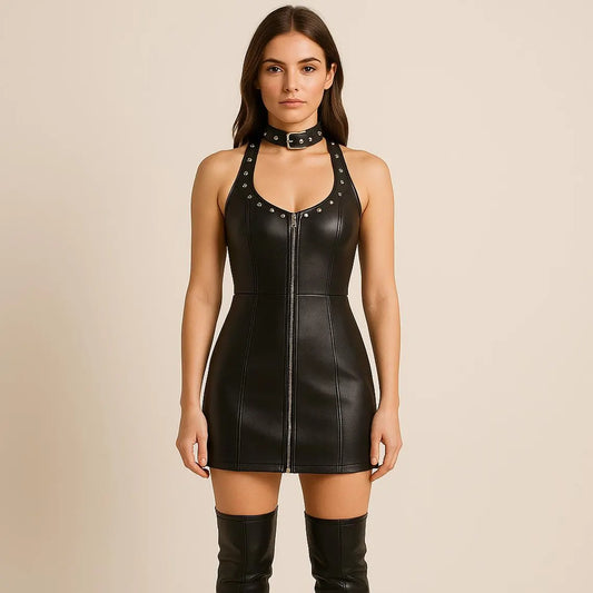 Black Leather Mini Dress with Studded Choker & Thigh-High Boots