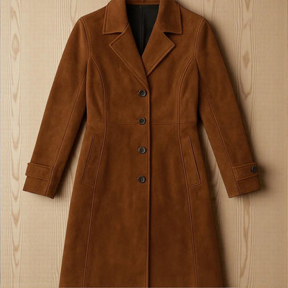 Women's Classic Vintage-Style Long Brown Suede Leather Trench Coat