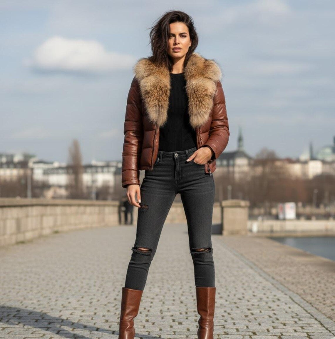 Women's Leather Puffer Jacket with Real Fox Fur Collar , Lederjacken damen