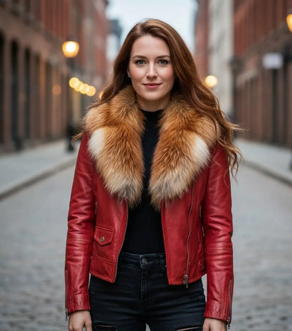 Women's Leather Biker Jacket with Real Fox Fur Collar