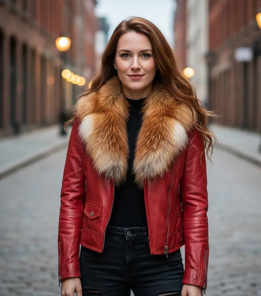Women's Leather Biker Jacket with Real Fox Fur Collar