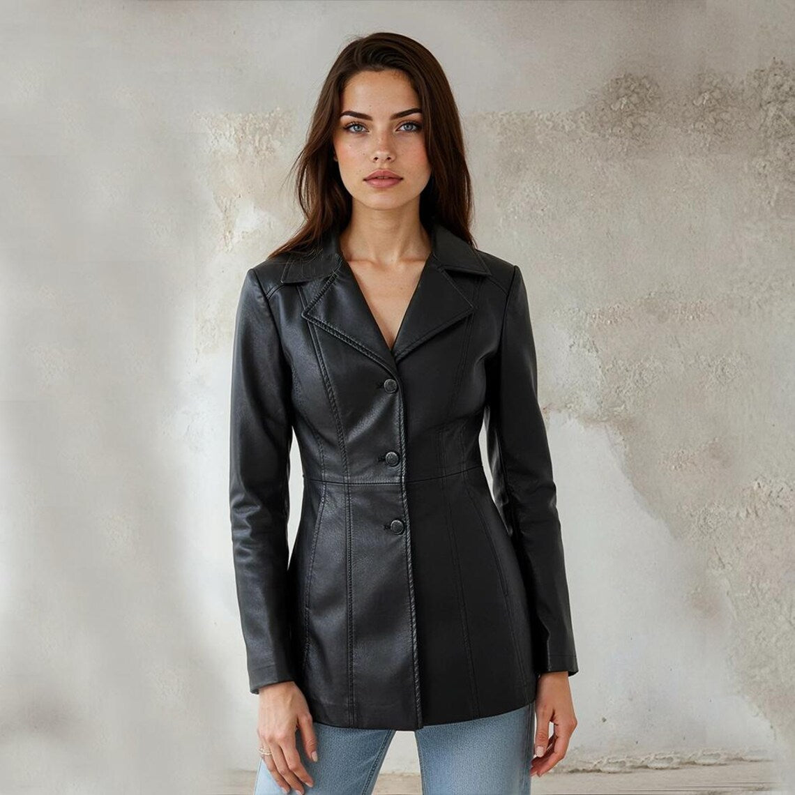 Women Faux Leather Blazer Slim Fit Long Sleeve Mid Length Black Jacket