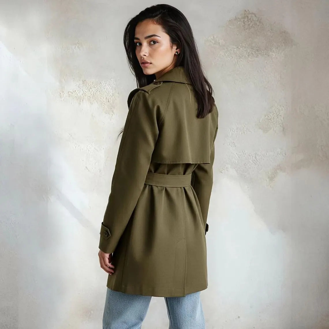 Women’s Black Double Breasted Trench Coat Mid Length Belted