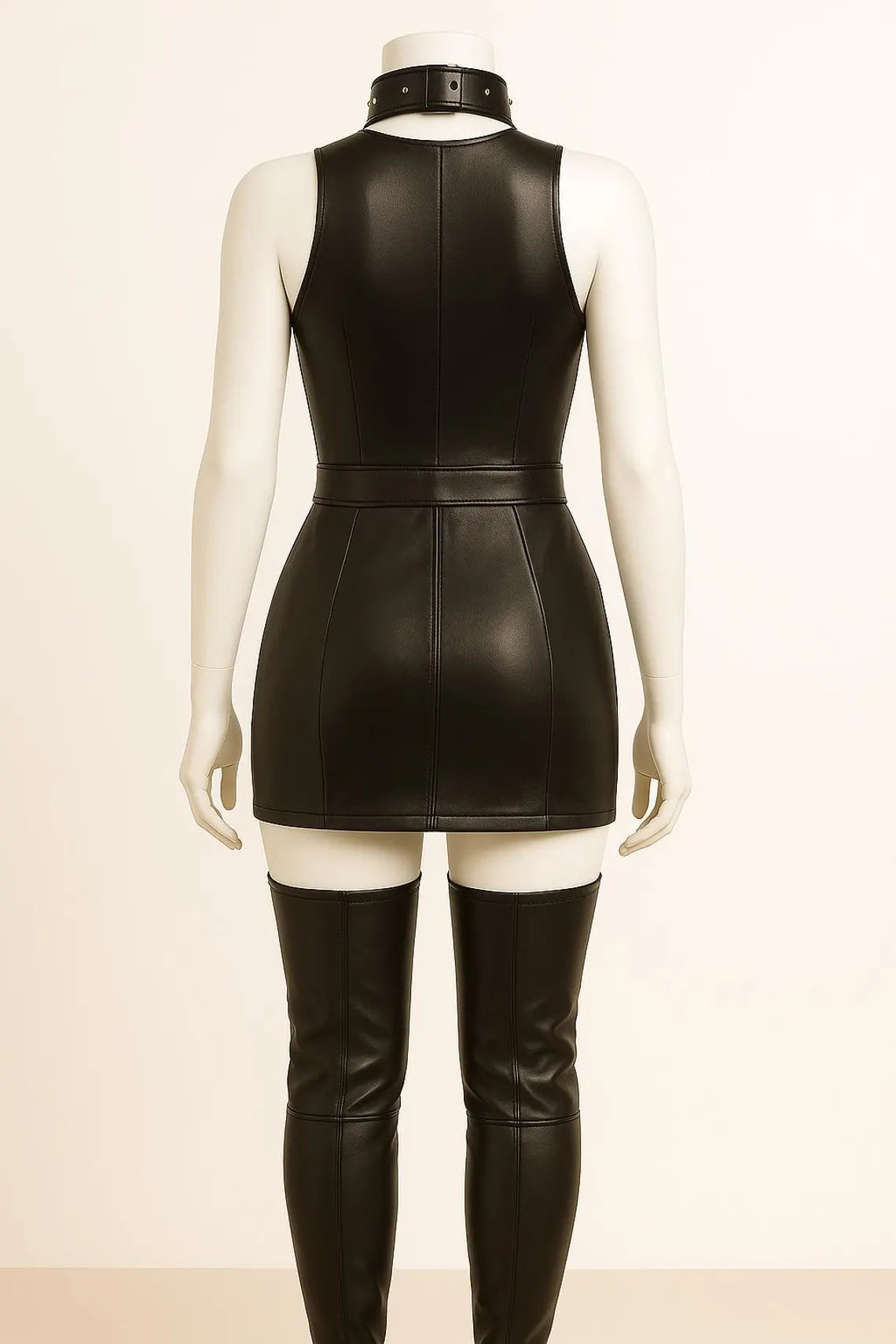 Black Leather Mini Dress with Studded Choker & Thigh-High Boots