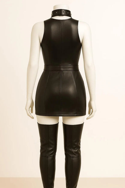Black Leather Mini Dress with Studded Choker & Thigh-High Boots